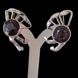 Vintage 1940s Screwback Sterling Silver & Burgundy Rhinestone Earrings
